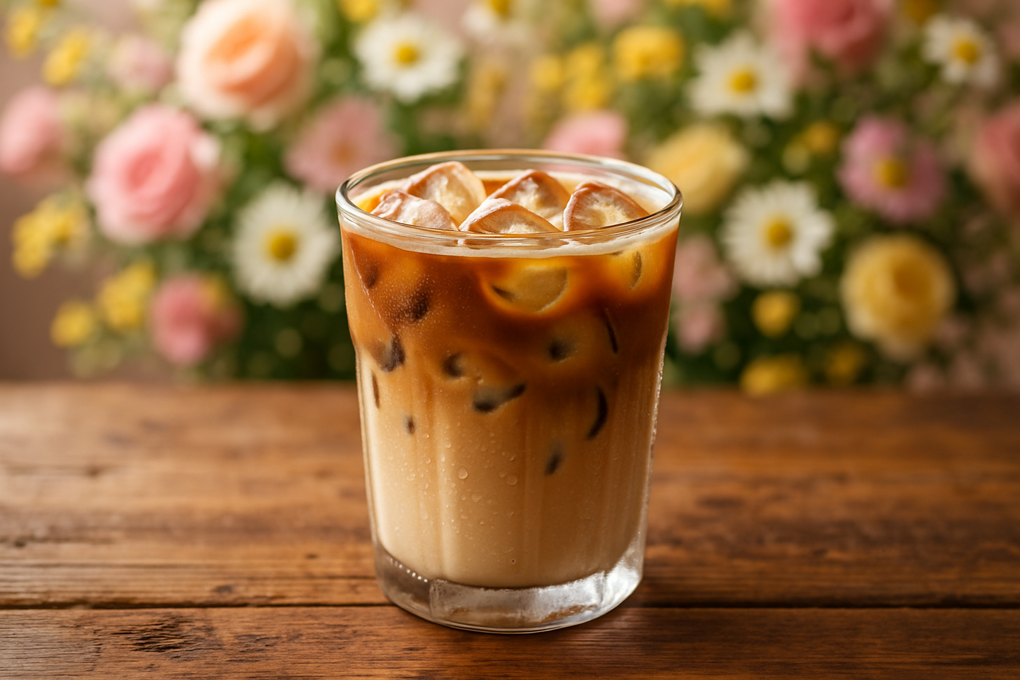 iced coffee latte in a cup flowers in the background